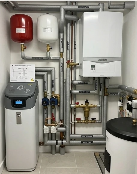 Plant room with a wall-mounted boiler, expansion vessels, insulated pipework and a hot water cylinder