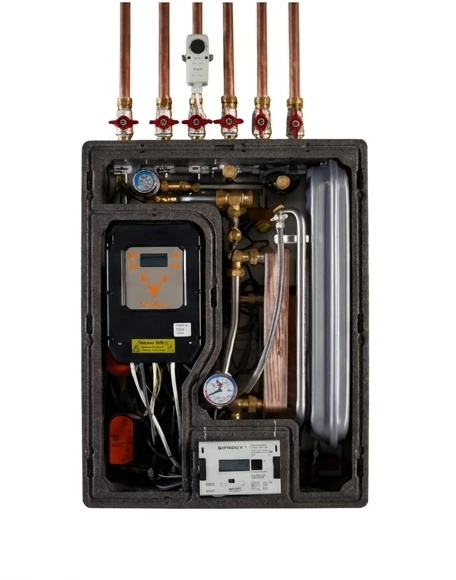 Heat interface unit with the cover removed, showing its valves, controller and heat meter